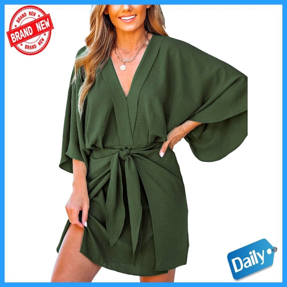 V-Neck 3/4 Sleeve Self-Tie Pleated Loose Fit Mini Casual Summer Dress